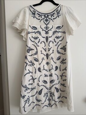 Parker White Mini Dress with Navy Embroidery